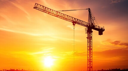 A construction crane silhouetted against a vibrant sunset sky, symbolizing progress and development in urban environments.