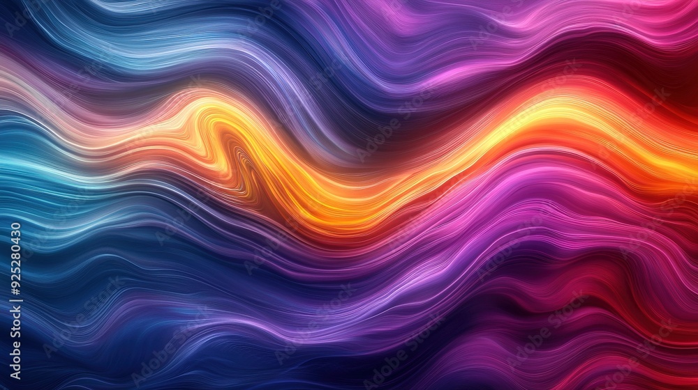 Poster layered abstract waves in a full spectrum of colors, flowing horizontally to create a vibrant and dy