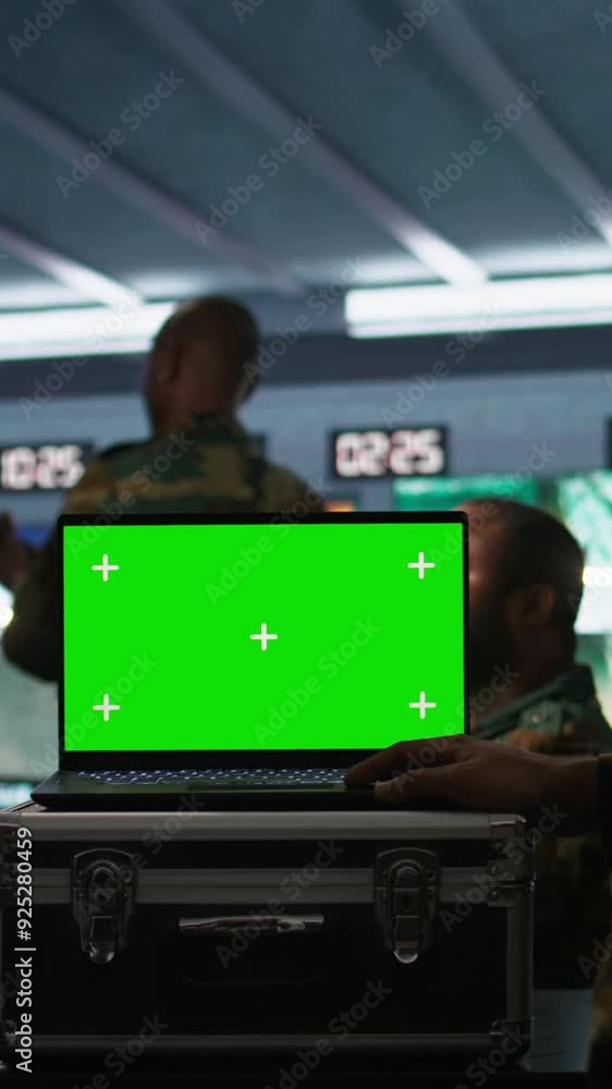 Poster vertical video soldier using tracking software on green screen laptop to gain info against enemies. 