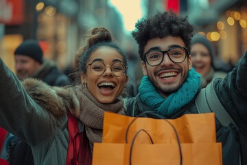 Fototapeta premium A group of shoppers celebrating their successful Black Friday shopping spree