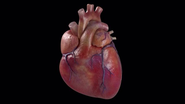 Realistic beating heart animation, 4k, loopable, with alpha channel, transparent background. Alpha channel allows for customizable backgrounds, perfect for medical, educational and creative projects