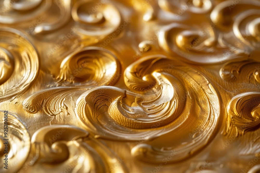 Poster detailed view of opulent golden swirls creating a mesmerizing pattern on a metal surface, opulent go