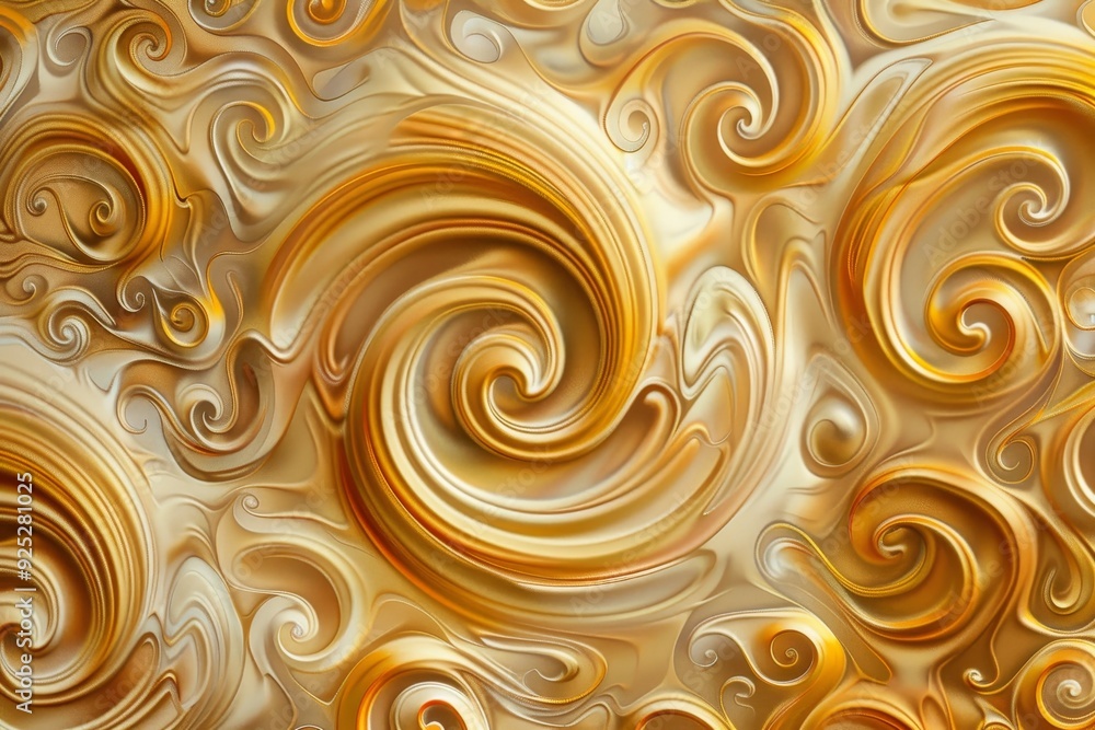 Poster abstract painting featuring opulent gold swirls on a white backdrop, creating a mesmerizing pattern,