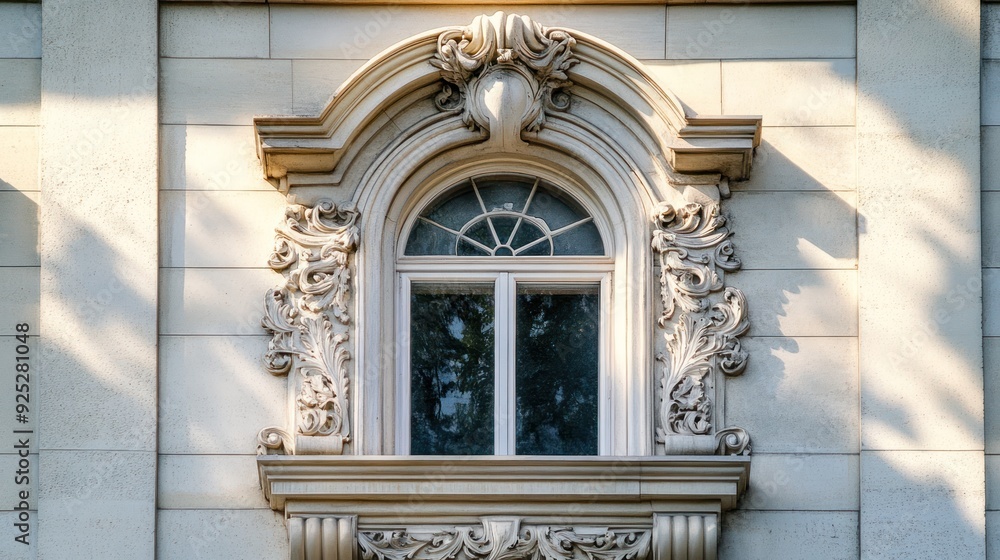 Poster ornate stone window with arched frame and intricate carvings