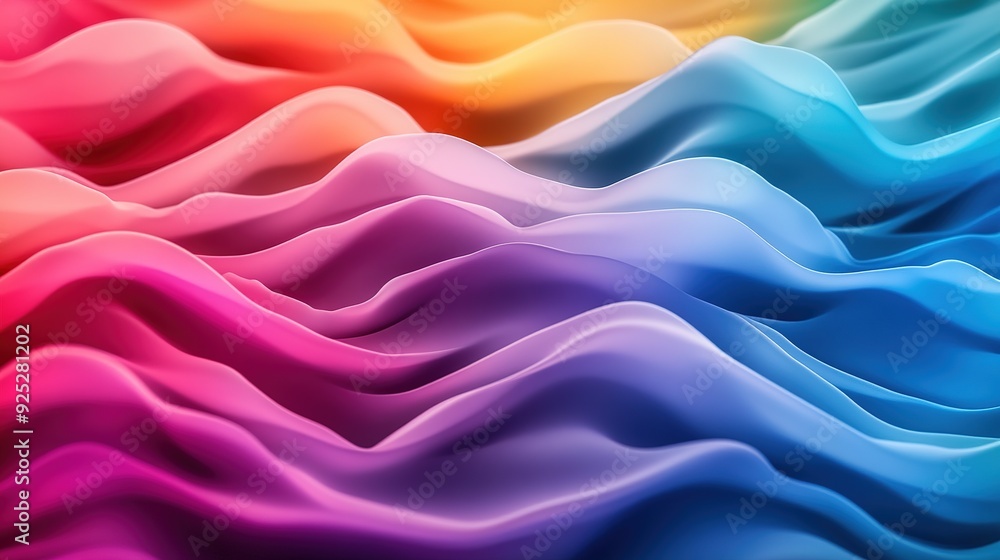 Poster layered abstract waves in a full spectrum of colors, flowing horizontally to create a vibrant and dy