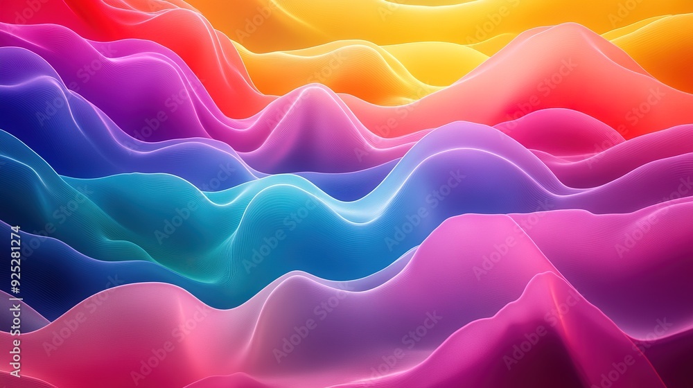 Poster layered abstract waves in a full spectrum of colors, flowing horizontally to create a vibrant and dy