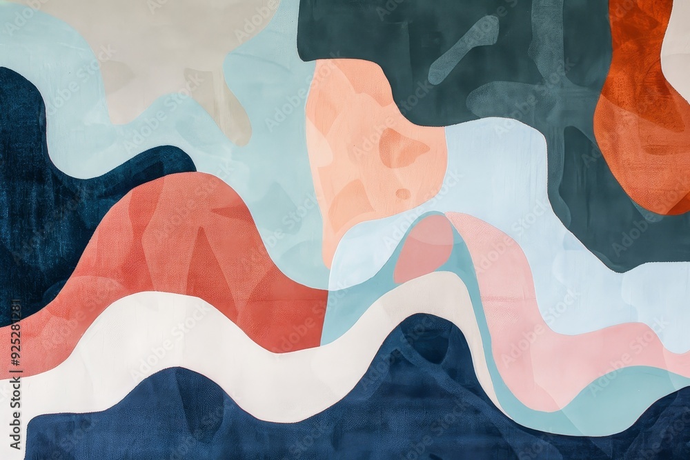 Poster a dynamic abstract painting featuring organic shapes and flowing lines in a calming palette of diffe