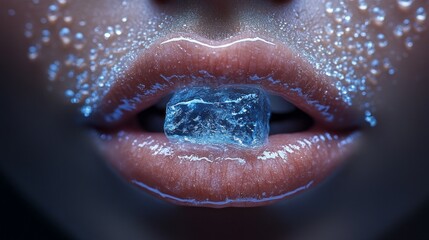 Obraz premium A serene moment captures a woman's lips with an ice cube, surrounded by glistening droplets, evoking a sense of coolness and intrigue