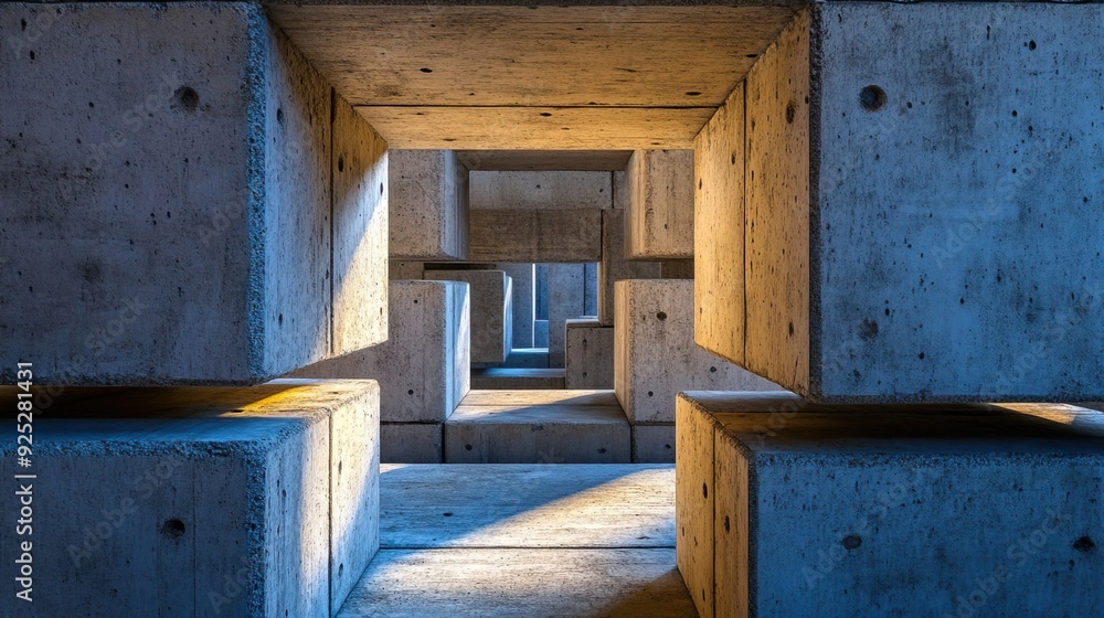 Poster abstract architecture featuring geometrical concrete shapes illuminated by soft light, creating dept