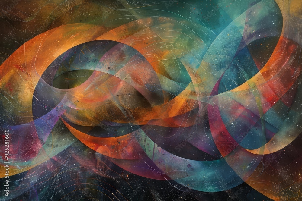 Poster an abstract painting bursting with vivid colors and various shapes blending and intertwining in a dy