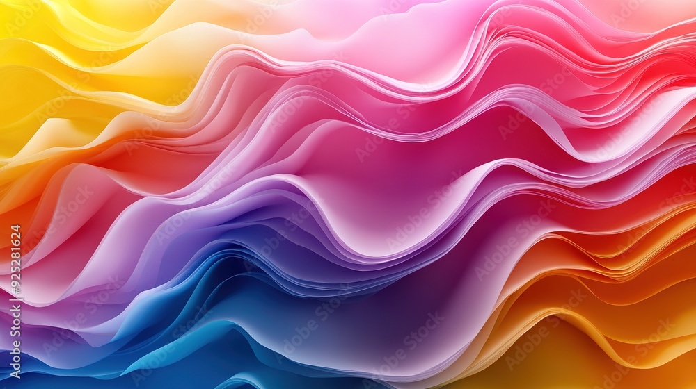 Poster layered abstract waves in a full spectrum of colors, flowing horizontally to create a vibrant and dy