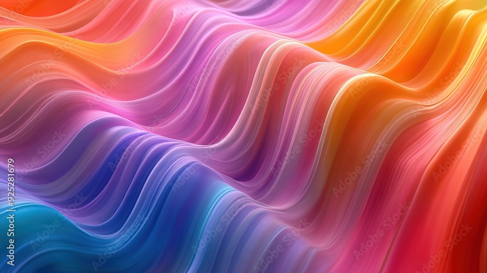 Poster layered abstract waves in a full spectrum of colors, flowing horizontally to create a vibrant and dy