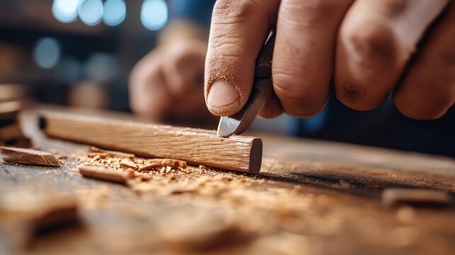 Close-up of a craftsman carving wood with precision, showcasing skill and artistry in woodworking. Ideal for craftsmanship themes.