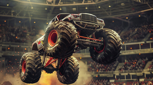 A monster truck with oversized wheels, performing a jump in an arena filled with cheering fans