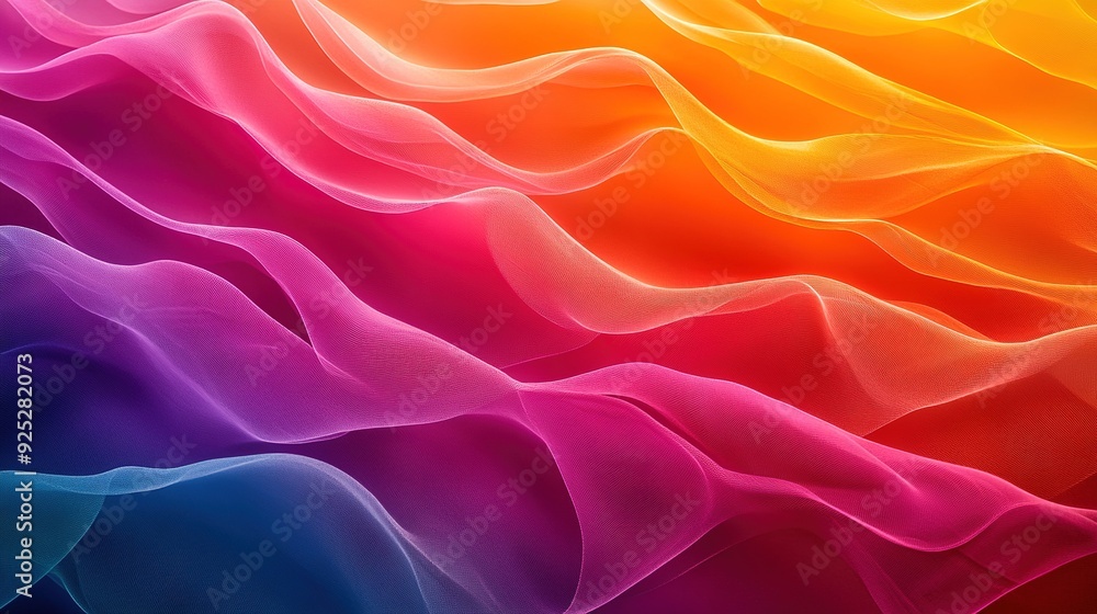 Poster layered abstract waves in a full spectrum of colors, flowing horizontally to create a vibrant and dy