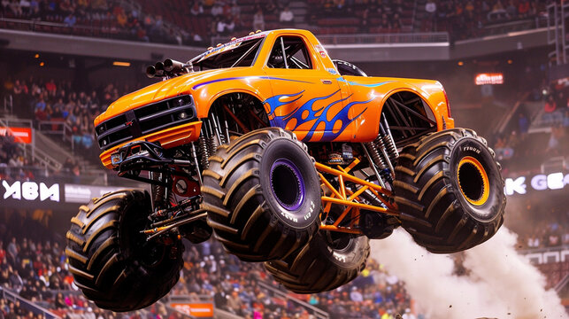 A monster truck with oversized wheels, performing a jump in an arena filled with cheering fans