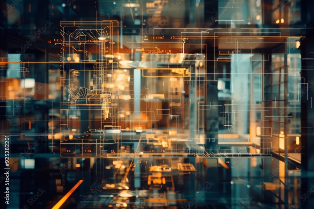 Poster a blurred view of a city filled with multiple towering buildings, overlay of transparent layers disp