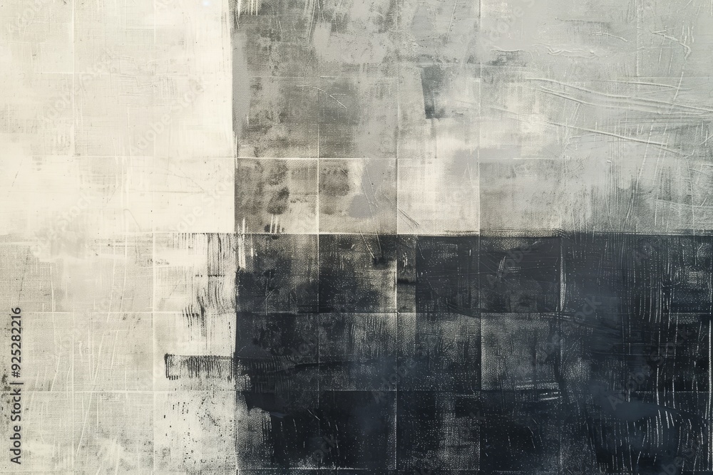 Poster geometric abstract painting with a grid pattern of black and white squares in varying shades, overla