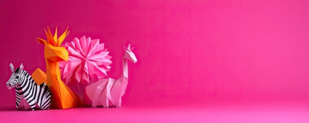 Obraz premium Colorful origami animals display on a vibrant pink background, perfect for playful designs and creative projects.