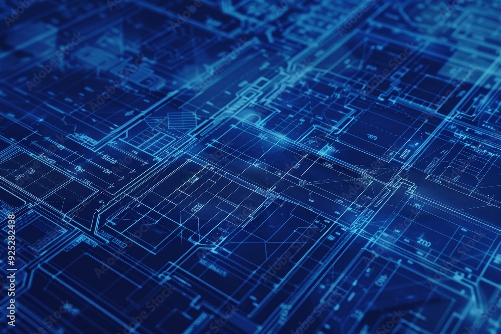Poster detailed blueprint with numerous intersecting lines and measurements, overlay of transparent layers 