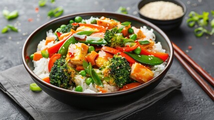 Delicious vegetable stir-fry with tofu served over rice, colorful and healthy dish with broccoli, carrots, peas, and bell peppers.