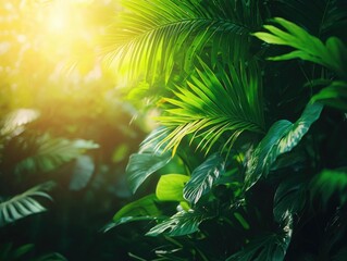 Vibrant green leaves illuminated by sunlight creating a tropical ambiance in a lush environment, perfect for nature enthusiasts.