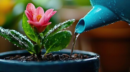 A vibrant pink flower being watered, showcasing the beauty of nature and the joy of gardening in a close-up view.