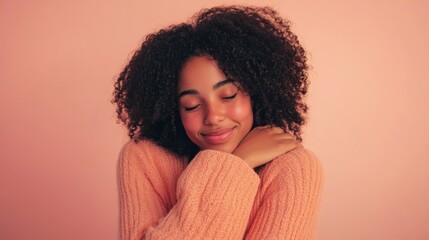 Person embracing themselves with a warm expression on a solid pastel background focusing on self-love and comfort