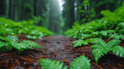 Obraz premium Lush green ferns grow along a forest path, covered in mist on a serene morning, creating a feeling of tranquility and connection with nature.