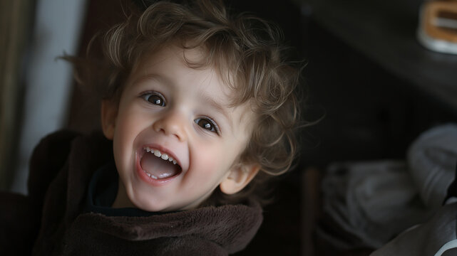 Ein kleiner Junge mit blonden Haaren blickt s&uuml;&szlig; und lacht in die Kamera