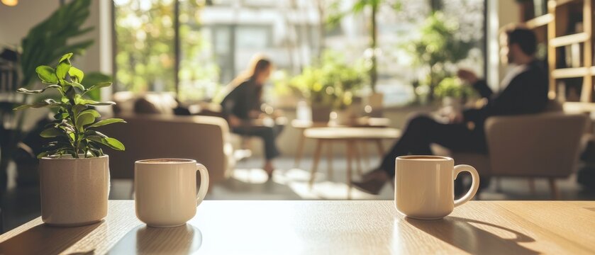 Elegant coffee break area in a modern office with minimal decor and sleek furniture professionals relaxing with coffee mugs natural light streaming in