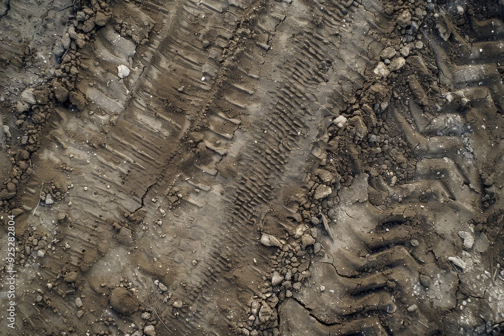 Poster an overhead perspective of a tire track embedded in mud, showcasing the impression left behind by a 