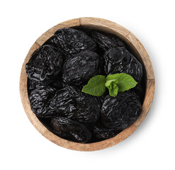 Tasty dried plums (prunes) and mint leaves in bowl on white background, top view