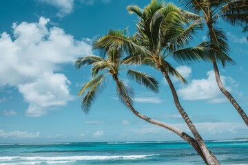 Couple of palm trees sway by the waters edge, Palm trees swaying in the ocean breeze