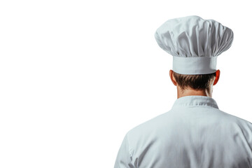 A back view of a chef wearing a classic white uniform and hat, showcasing the culinary profession's dedication and style.