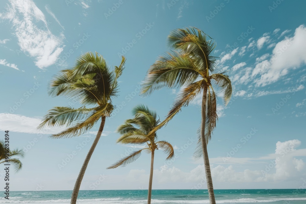 Poster palm trees blowing in the wind on a sandy beach with ocean waves in the background, palm trees swayi