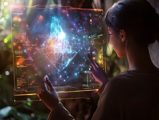 Woman Interacting with a Futuristic Holographic Interface