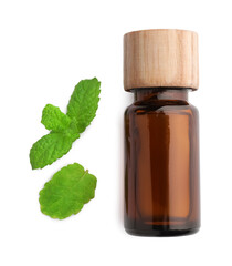 Bottle of essential oil and mint isolated on white, top view