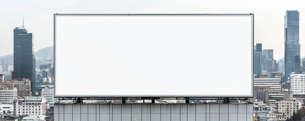 Large blank billboard on an urban building exterior, ready for custom advertising, with a city skyline in the background, Urban marketing, Outdoor advertising
