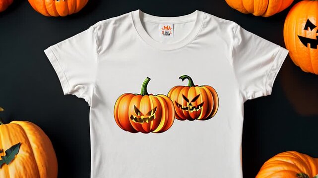 White Women's T-Shirt Mockup Featuring Halloween Pumpkins Design Generative AI