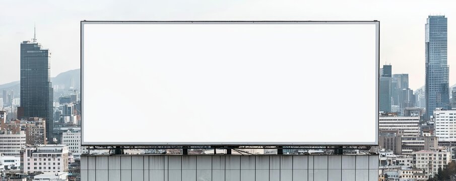 Large blank billboard on an urban building exterior, ready for custom advertising, with a city skyline in the background, Urban marketing, Outdoor advertising