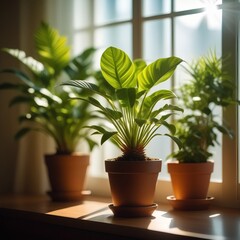 Fototapeta premium Potted green plants on window