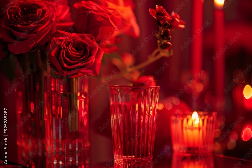 Poster a table covered with vases filled with vibrant red roses, creating a striking display of color and b