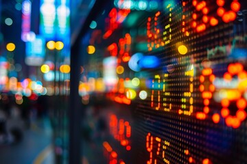 Fototapeta premium A bustling city street filled with glowing neon lights, creating a colorful and lively atmosphere, Participating in stock market simulations to practice trading strategies