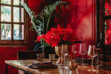 Wooden table holding glasses and a vase filled with flowers in passionate red tones, Passionate and alluring red tones setting the mood