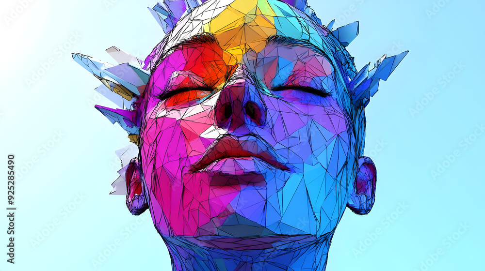 Poster a colorful, geometric portrait of a serene face with sharp, angular features.