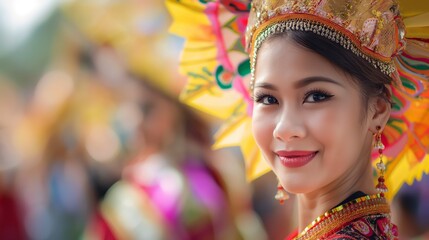 Fototapeta premium A young woman adorned in vibrant traditional clothing and headgear, participating in a lively cultural festival, smiling at the camera.