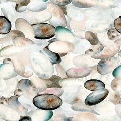 Sea Pebbles. Seamless Pattern. Watercolor illustration in pastel colors. The drawing is hand drawn. Suitable for postcards, wallpaper and textiles.