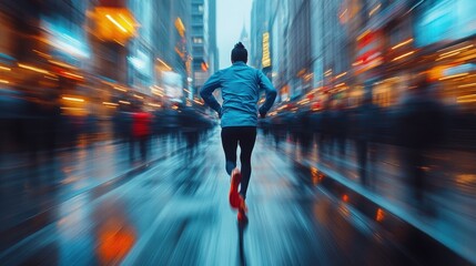 Energetic urban jogging scene with runner in motion through vibrant city streets
