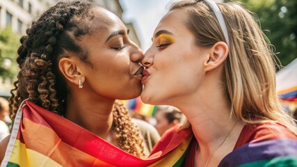 Obraz premium Close-up of proud lesbians kissing in a pride crowd